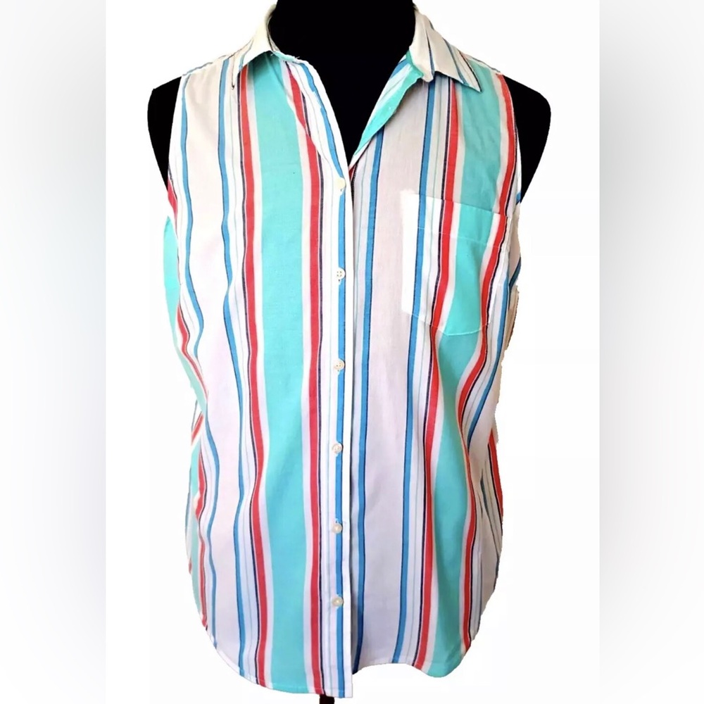 St John's Bay Blouse Striped Size Lg Turquoise Sleeveless Shirt Cotton Buttons
